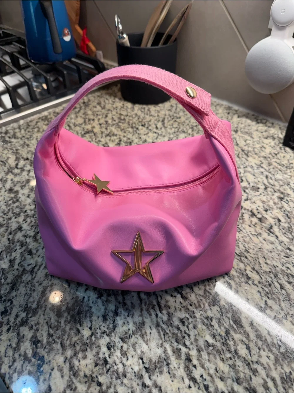 Jeffree Star Pink Cosmetic Handle Bag with Gold Star Accent
